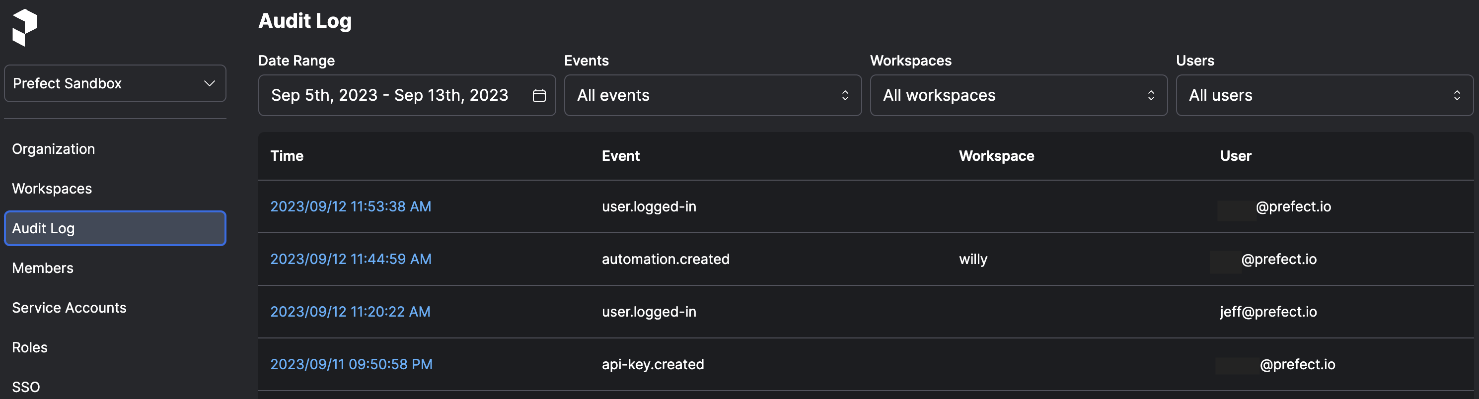 Viewing audit logs for an account in the Prefect Cloud UI.