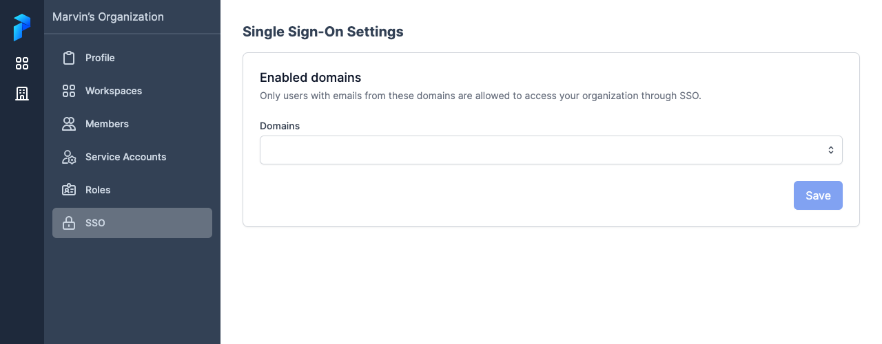 Adding an email domain for single sign-on in the Prefect Cloud UI.