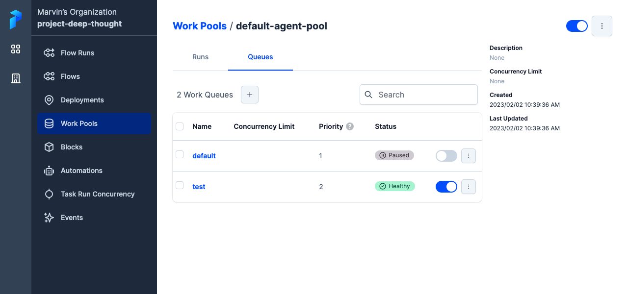 Prefect Cloud UI indicates a healthy work queue in the default work pool