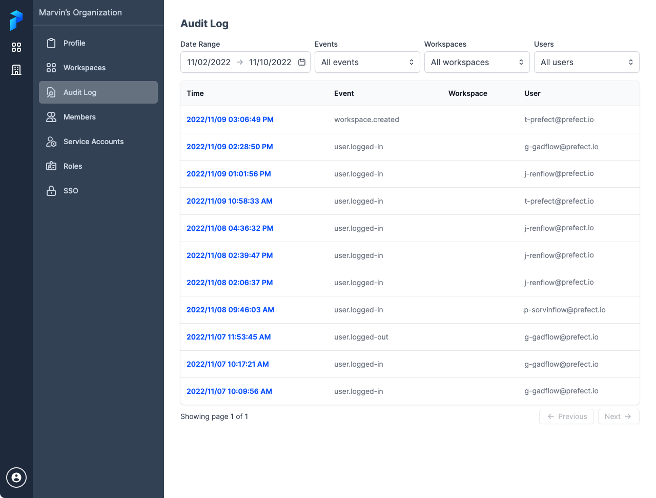 Viewing audit logs for an organization in the Prefect Cloud UI.