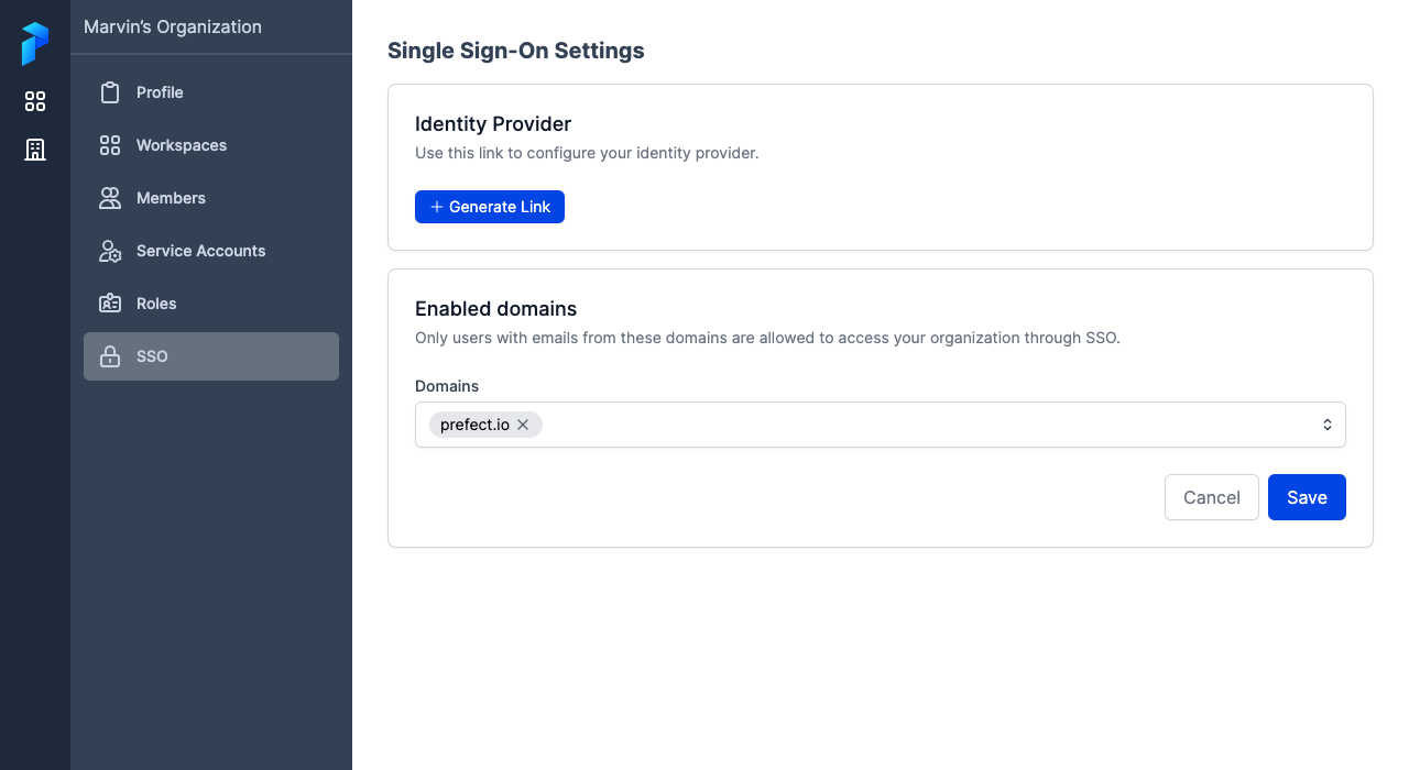 Generating a configuration link for single sign-on in the Prefect Cloud UI.