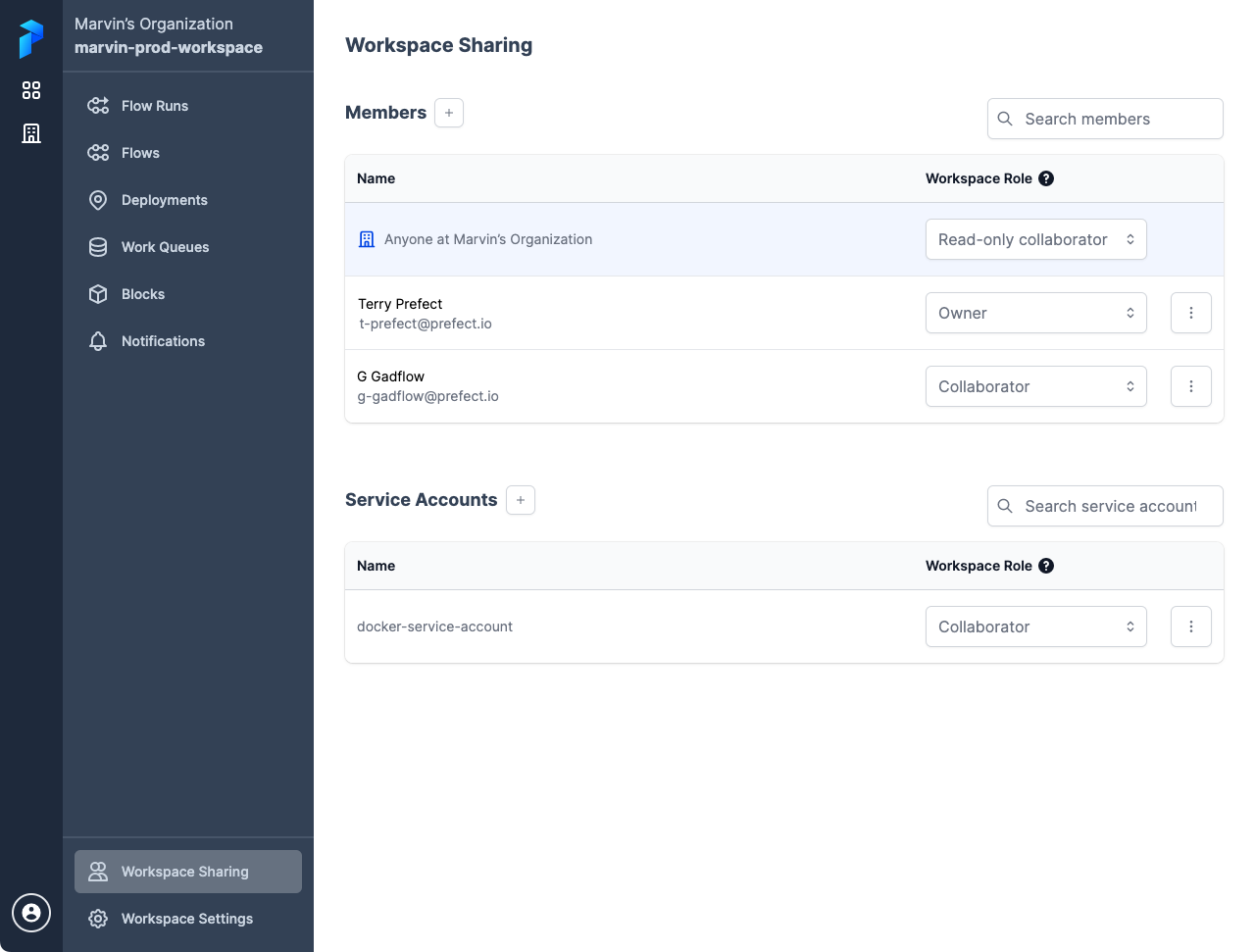 Managing sharing in a workspace in the Prefect Cloud UI.