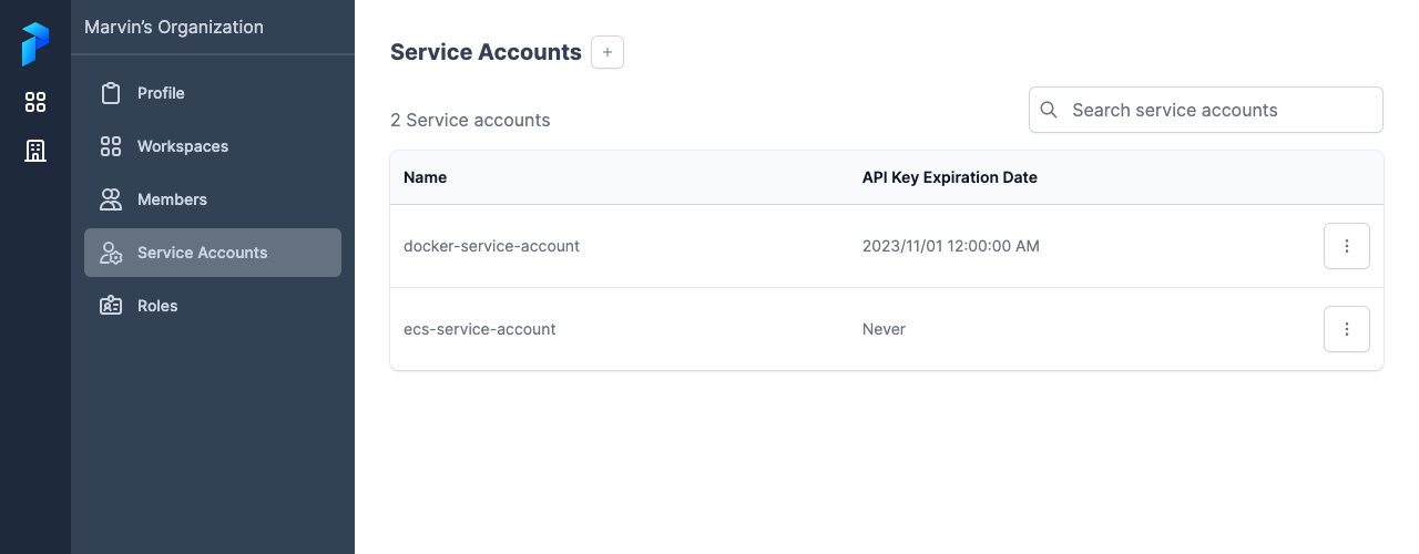 Viewing service accounts for an organization in Prefect Cloud.