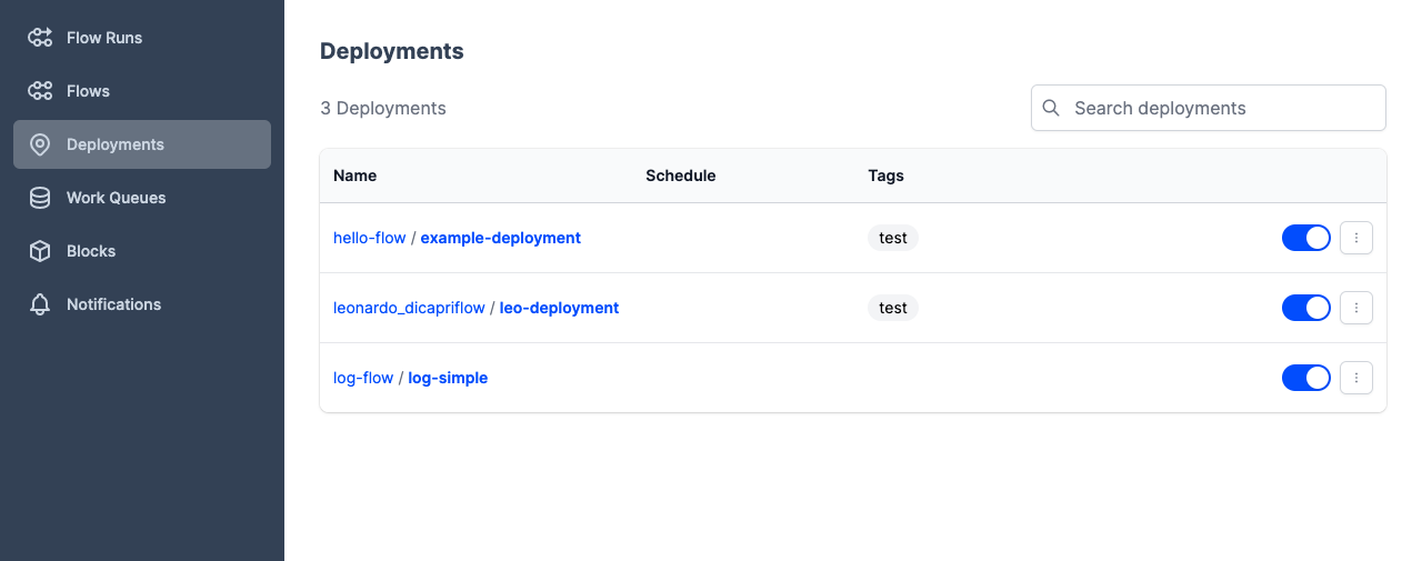 The Deployments page displays a list of deployments created in Prefect