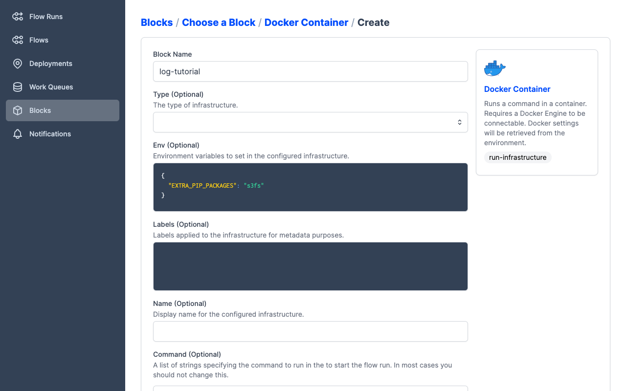 Configuring a new Docker Container infrastructure block in the Prefect UI