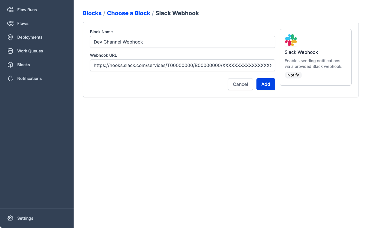 Configuring a Slack Webhook block in the Prefect UI