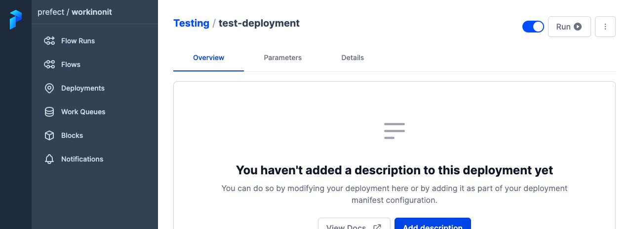 Overview of the test deployment in Prefect Cloud