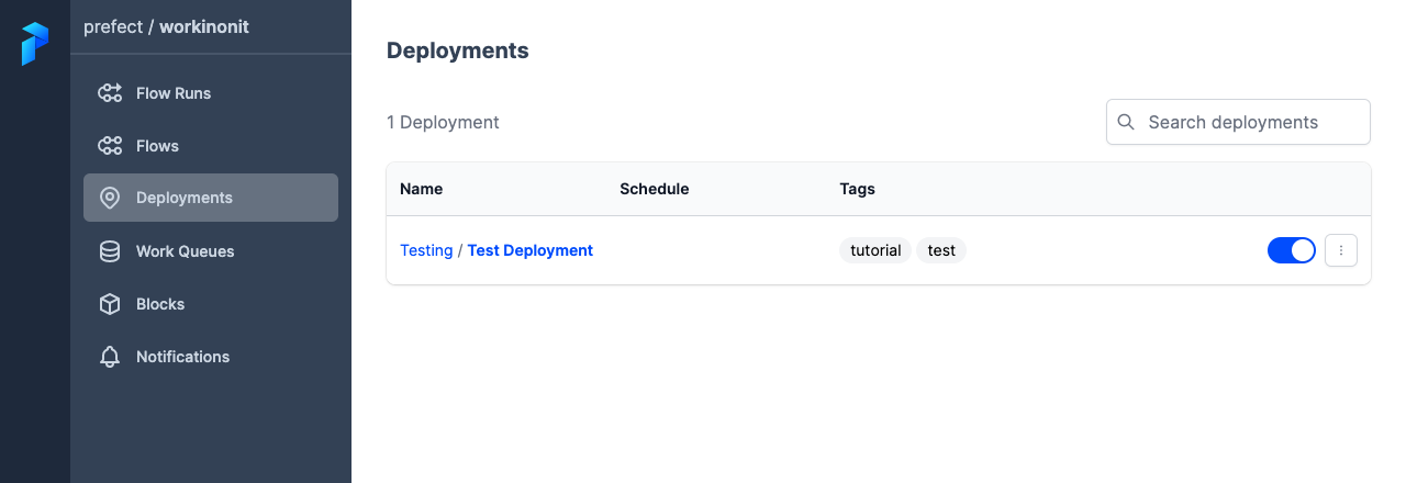 'Testing/Test Deployment' appears in the Prefect Cloud Deployments page
