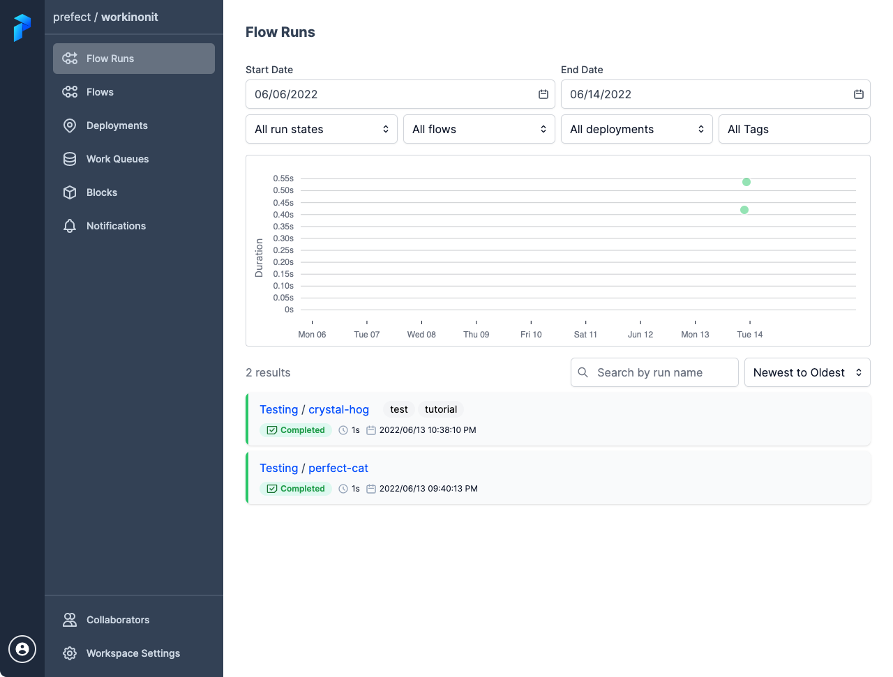 Viewing the flow run based on the test deployment in Prefect Cloud