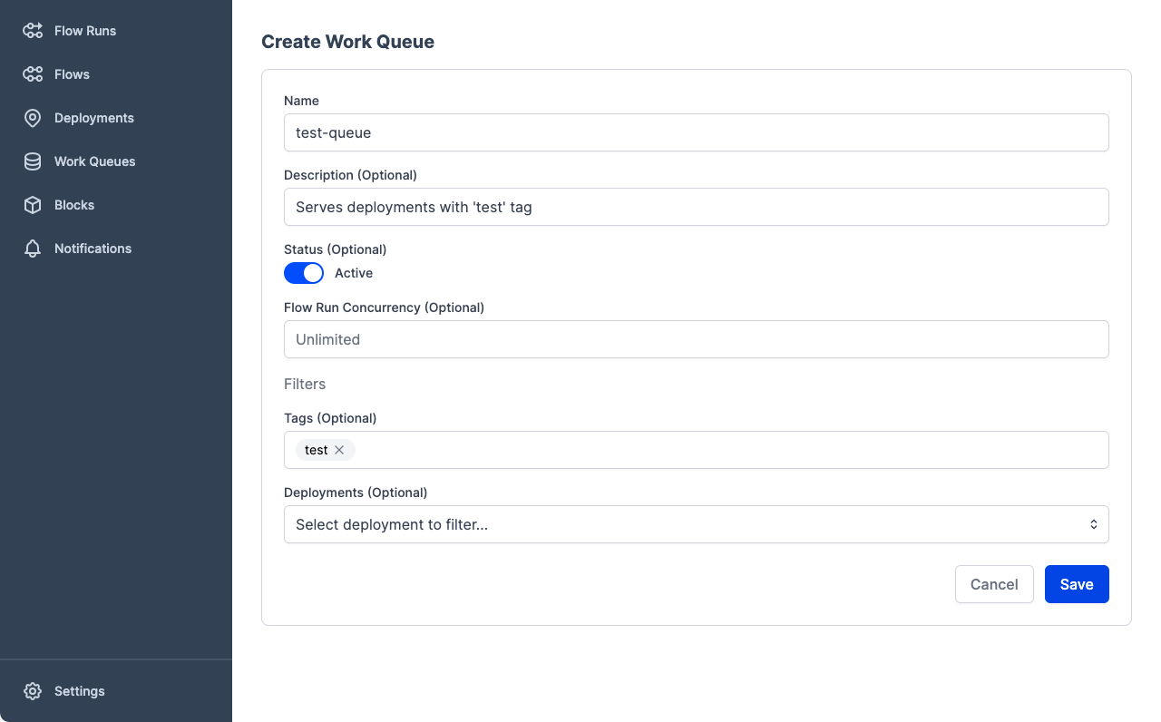 Creating a new work queue in the Orion UI