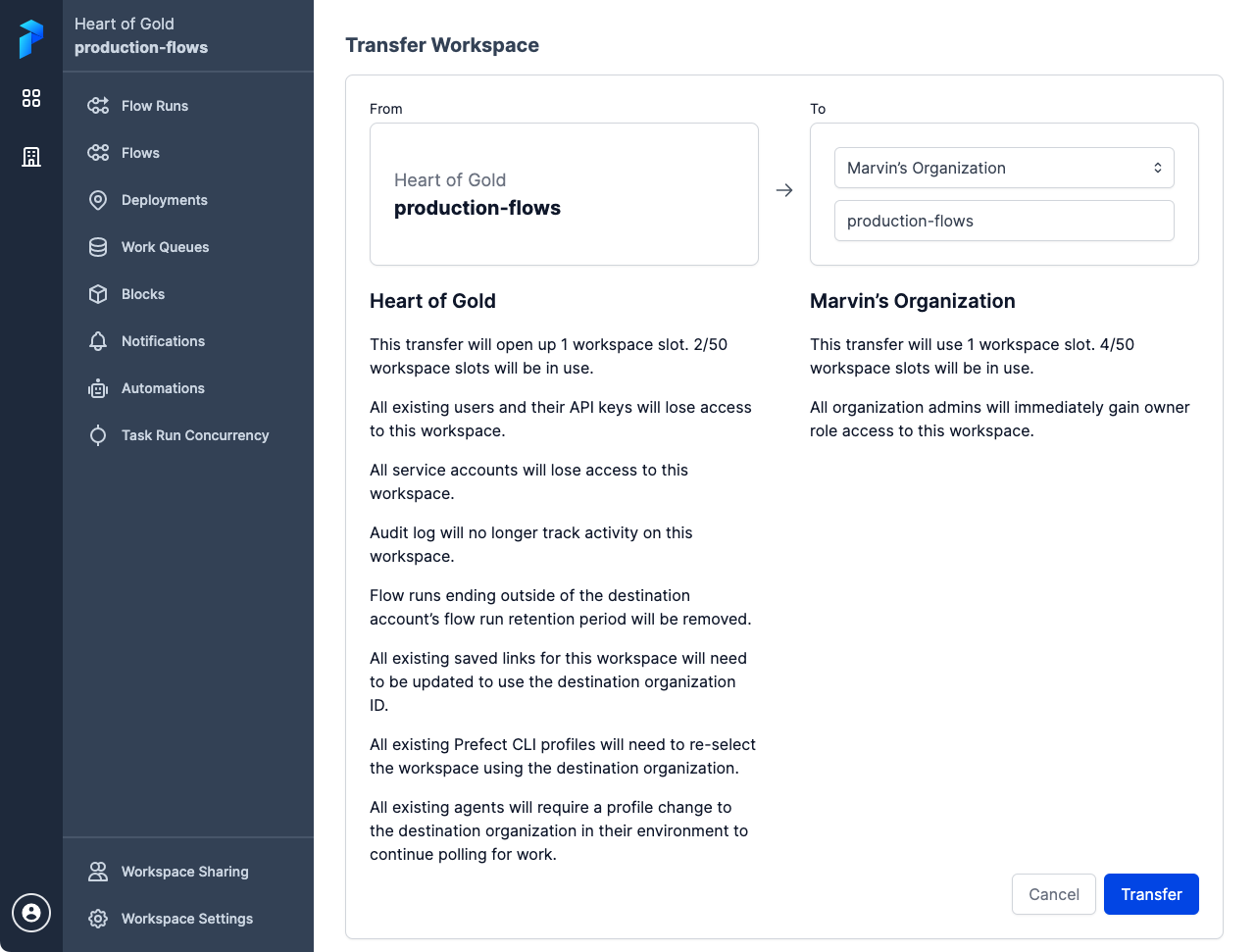 Selecting a workspace transfer target in the Prefect Cloud UI.